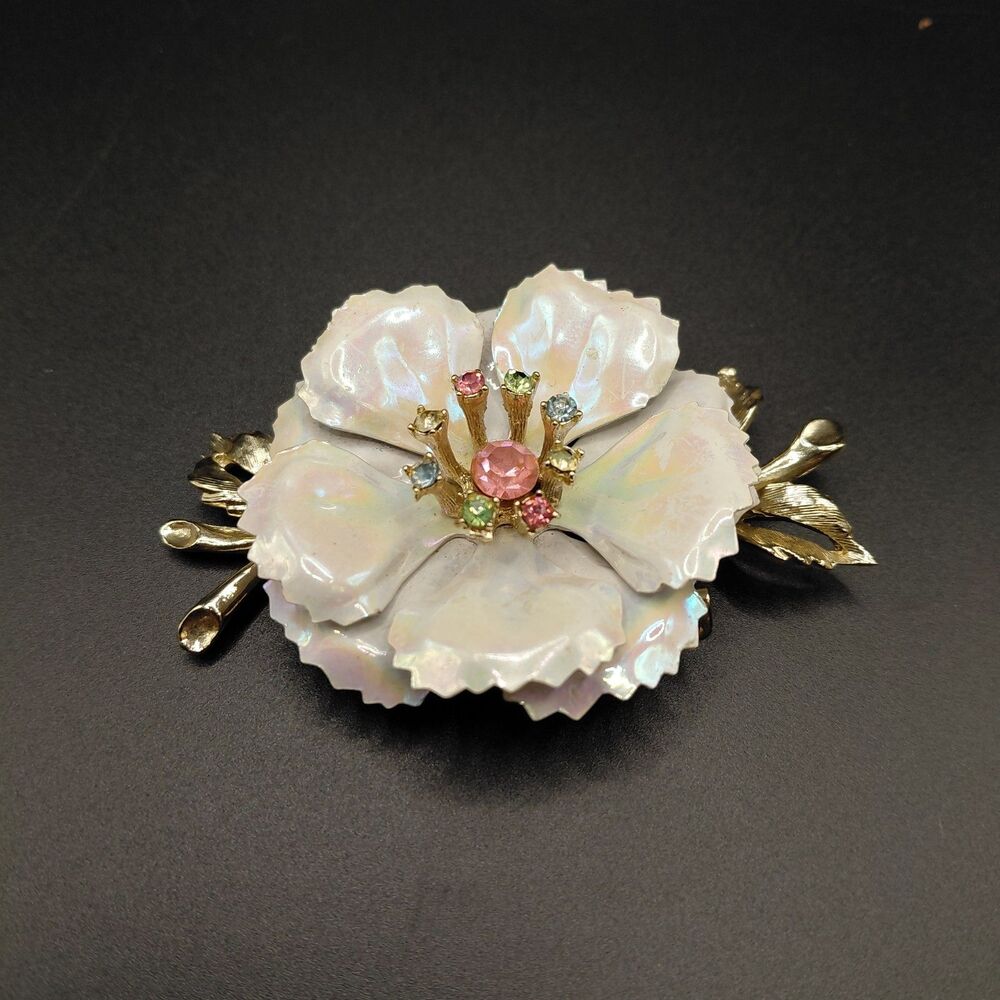 Coro Vinage Enamel Camellia Flower Brooch Metal Iridescent Pin
